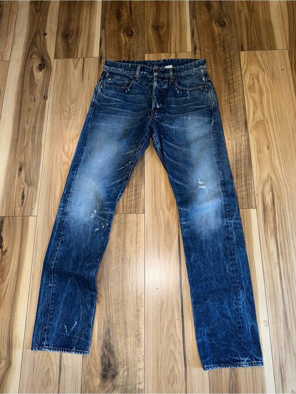 G-Star Men's Blue Distressed Straight-Leg Jeans 32/34